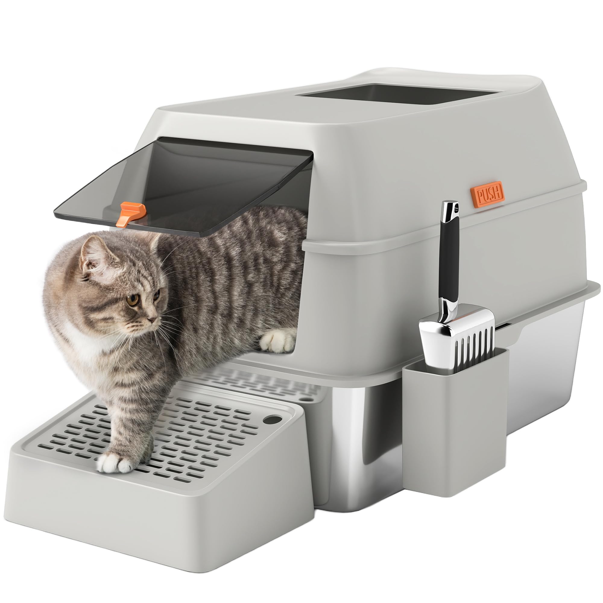 PawHut Arenero para Gatos Cubierto de Acero Caja de Arena para Gatos Arenero Cerrado para Gatos con Paso de Salida y Pala de Acero Gris Claro