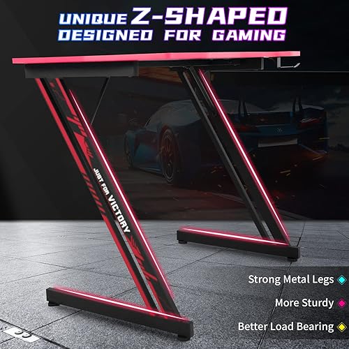 Miniatura 5 de Escritorio para computadora de juegos de 39 pulgadas, mesa en forma de Z con gancho para auriculares, fácil de montar, oficina en casa para