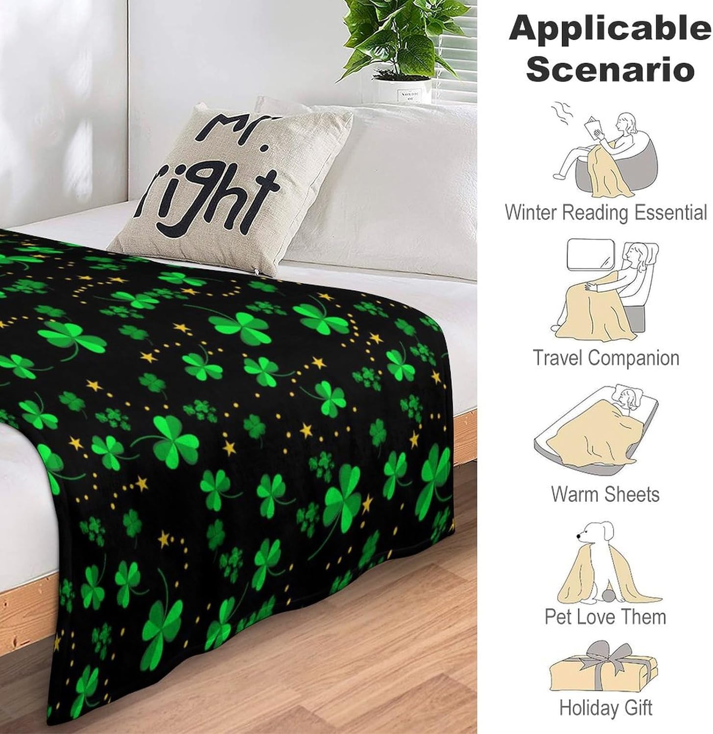 St. Patrick's Day Clover Blanket Birthday Gifts for Women Men Soft Throw Blanket Fleece Comfy Plush Flannel Couch Sofa Throws Home Decor