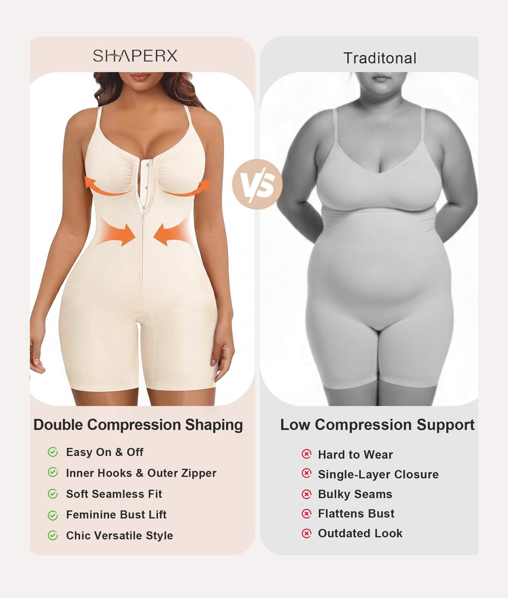 SHAPERX Body modellante da donna per il controllo della pancia, senza cuciture, con cerniera, modellante per la vita