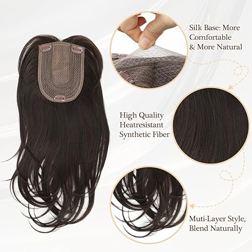 Miniatura 10 de UDU Toppers de pelo para mujer para adelgazar el cabello, mechas de fibra sintética, piezas de pelo para mujeres damas marrón ceniza multicapa largo