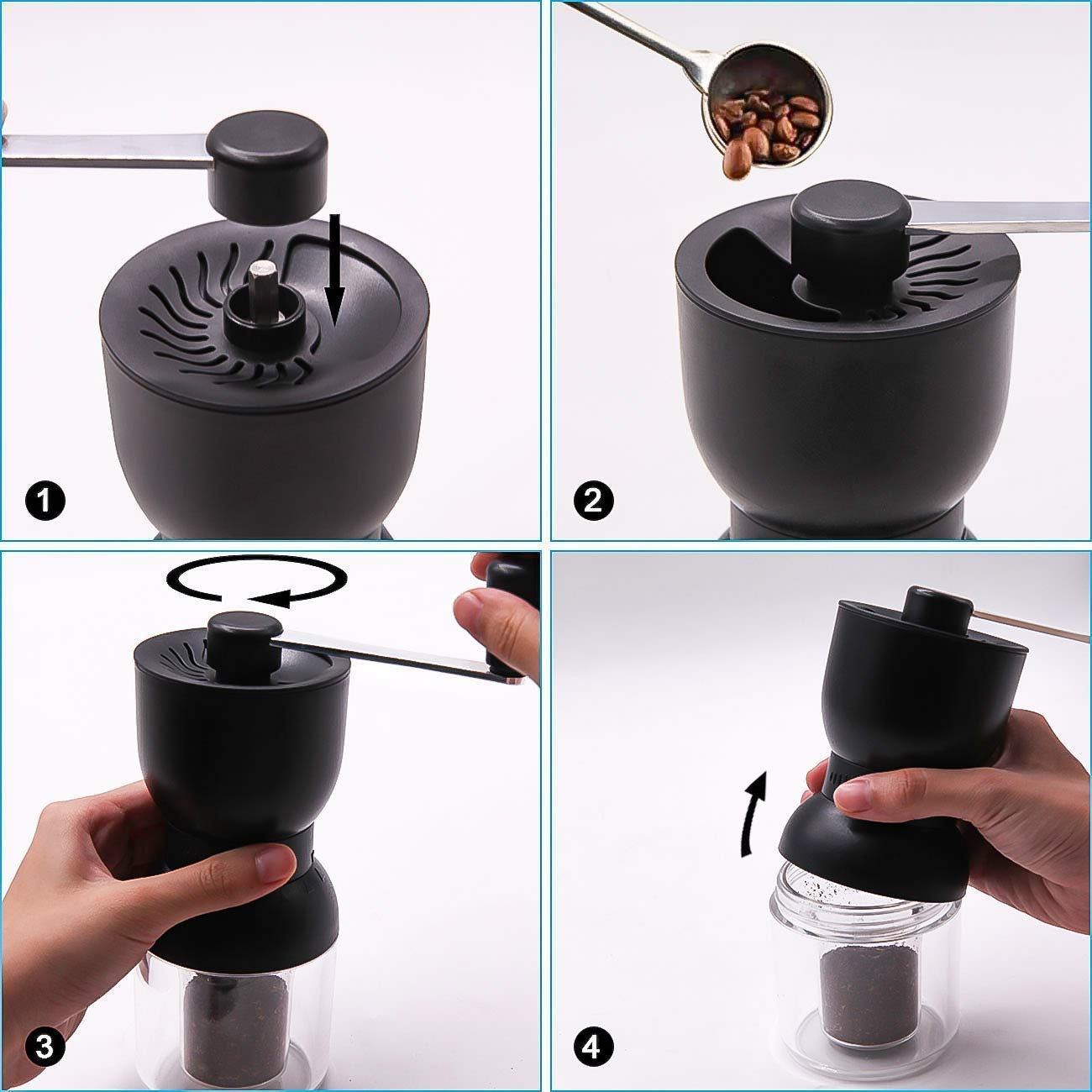 LHS Molinillo de café manual con rebabas de cerámica, molinillo de grano de café de mano con 2 recipientes de grosor ajustable para el hogar, la oficina y los viajes