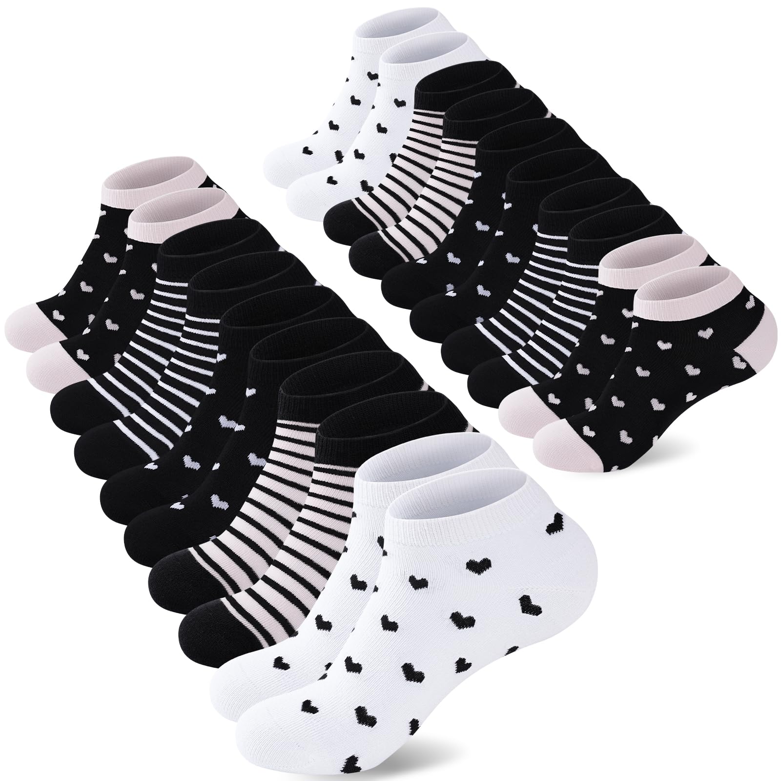 SukModen 10/20 Paar Sneaker Socken Damen 35-38 39-42, Baumwolle Kurze Sportsocken, Mehrfarbig Lustige Bunte Laufsocken mit Streifen Punkte Herzen 39-42 HEIFEN