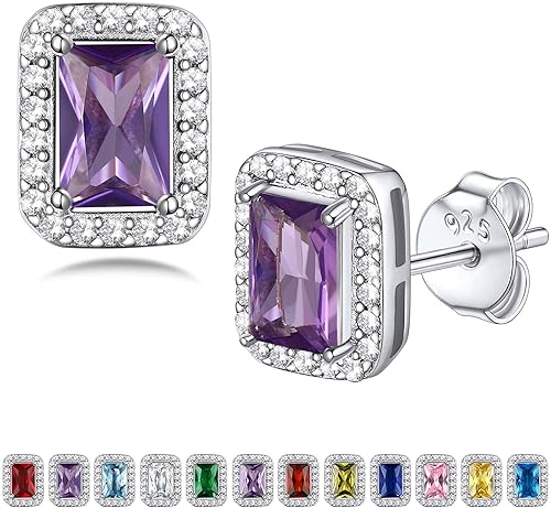 Bestyle Sparkling 925 Sterling Silver Birthstone Stud Earrings for Women, HeartRoundTeardropSquare Crystal Solitaire Diamond Studs Halo Earrings,