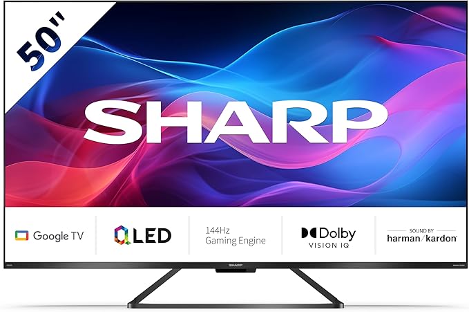 SHARP 50GR8265E Téléviseur 50" 4K Ultra HD 144 Hz Google TV – Gaming & Streaming QLED Smart TV sans Cadre (HDMI 2.1, ALLM & VRR) – avec Applications (Netflix, Prime, Disney+, Apple TV)
