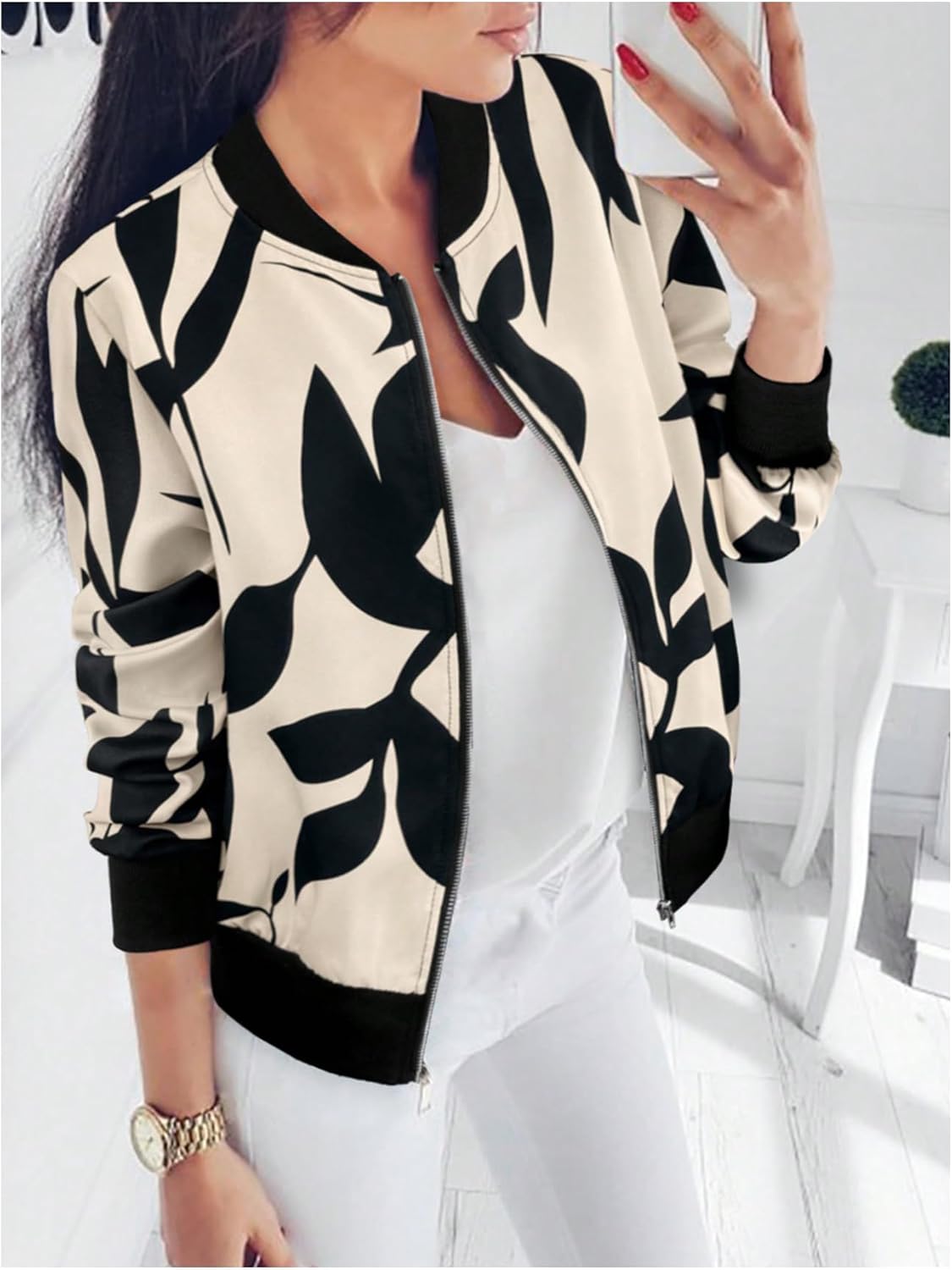 OYOANGLE Women's Graphic Zip Up Bomber Jacket Baseball Collar Long Sleeve Casual Coat Outerwear - Image 5