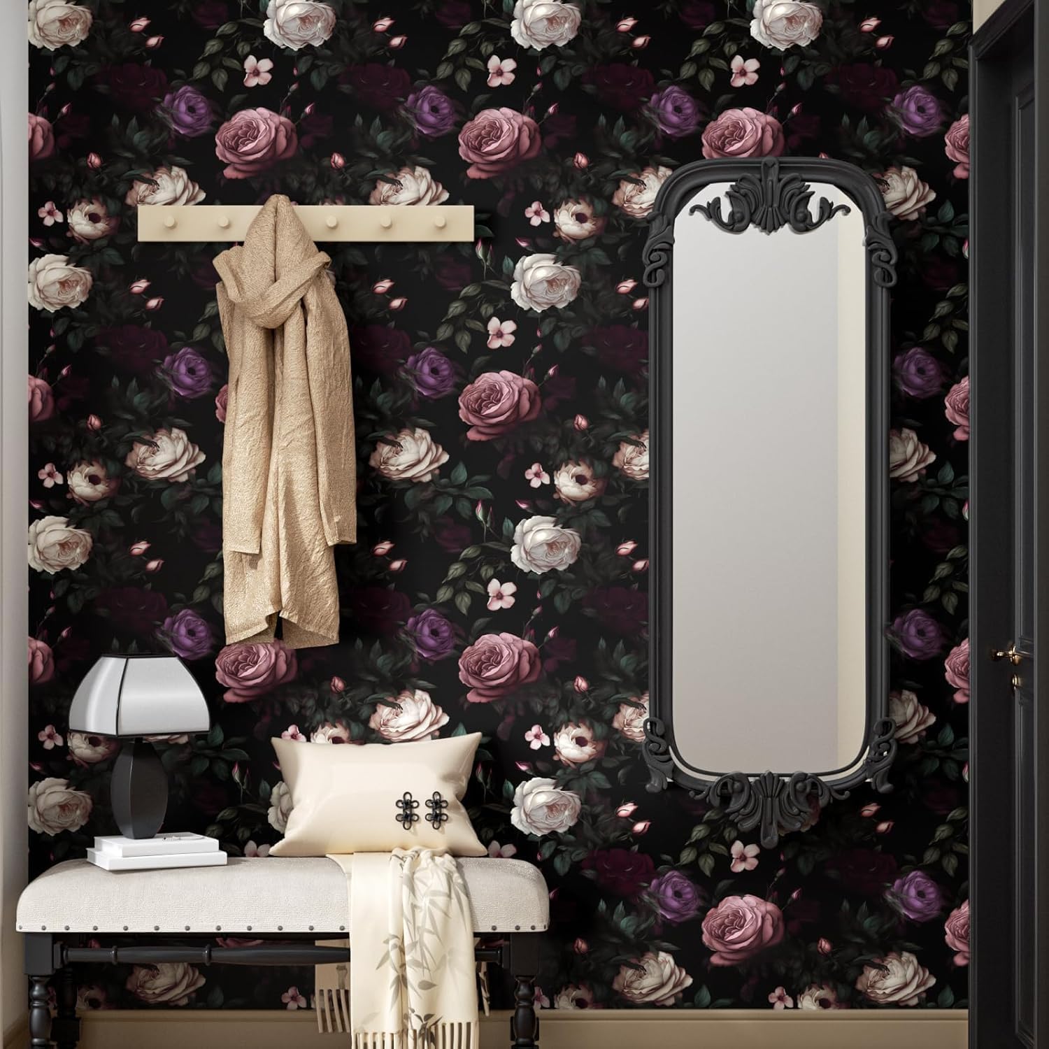 Dark Flower Wallpaper Peel and Stick Vintage Pink Rose Contact Paper 17.4" x 393" Black Floral Waterproof Self-Adhesive Wall Covering for Bedroom Countertop Desk Cabinet