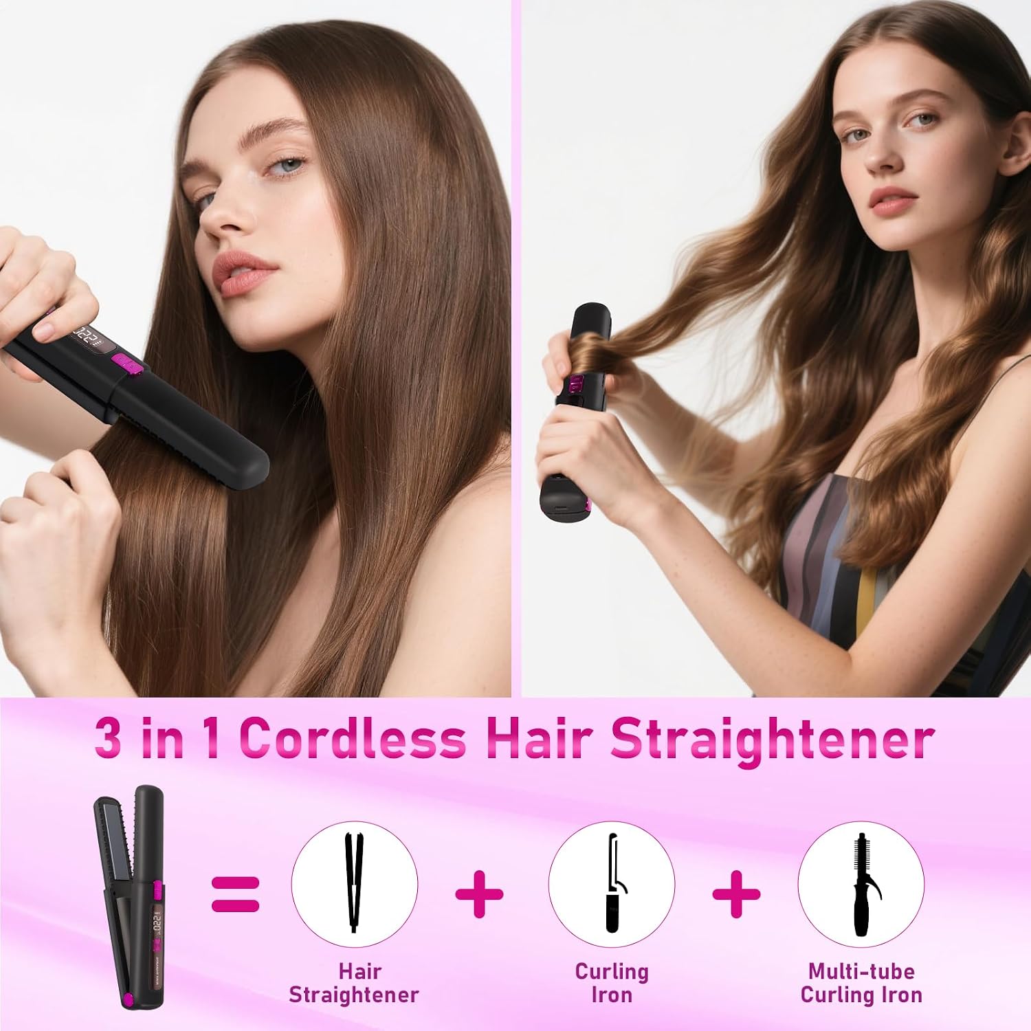 LAMA Portable 2 in 1 Travel Straightener and Curler, Cordless Hair Straightener 4500mAh, Rechargeable LCD Flat Iron, Mini Ceramic Curling Iron,USB Rechargeable Hot Tools, Black+Rose Red