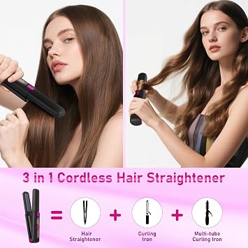 Cordless Hair Straightener, Nsyee 2 in 1 Ceramic Coated Flat Iron and Curler with 6 Temperature Settings, LCD Display, 4500mAh USB Rechargeable, Portable Mini Curling Iron for All Types Hair, Black
