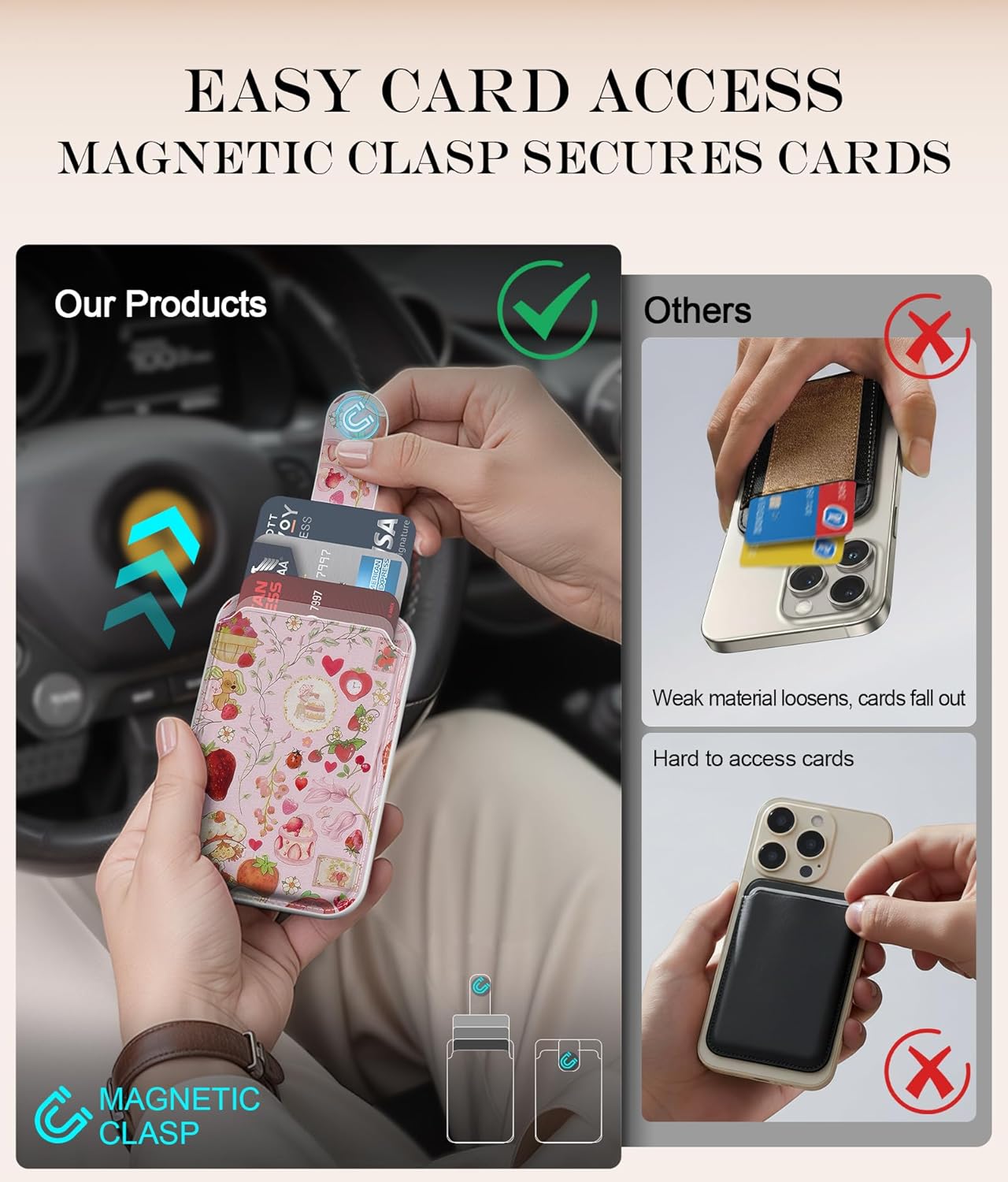 DEENAKIN for MagSafe Wallet, 3 Card Holder With RFID Blocking, Slim Magnetic Wallet for iPhone 17/16/15/14/13/12/11 Series with Cute Trendy Designs, Strawberry Sweetie - Image 2