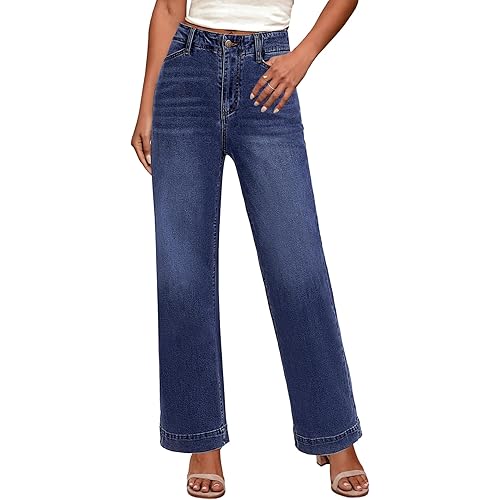 GRAPENT Wide Leg Jeans Woman High Waisted Trendy Stretchy Denim Pants Classic Trouser Jeans with Slash Pockets