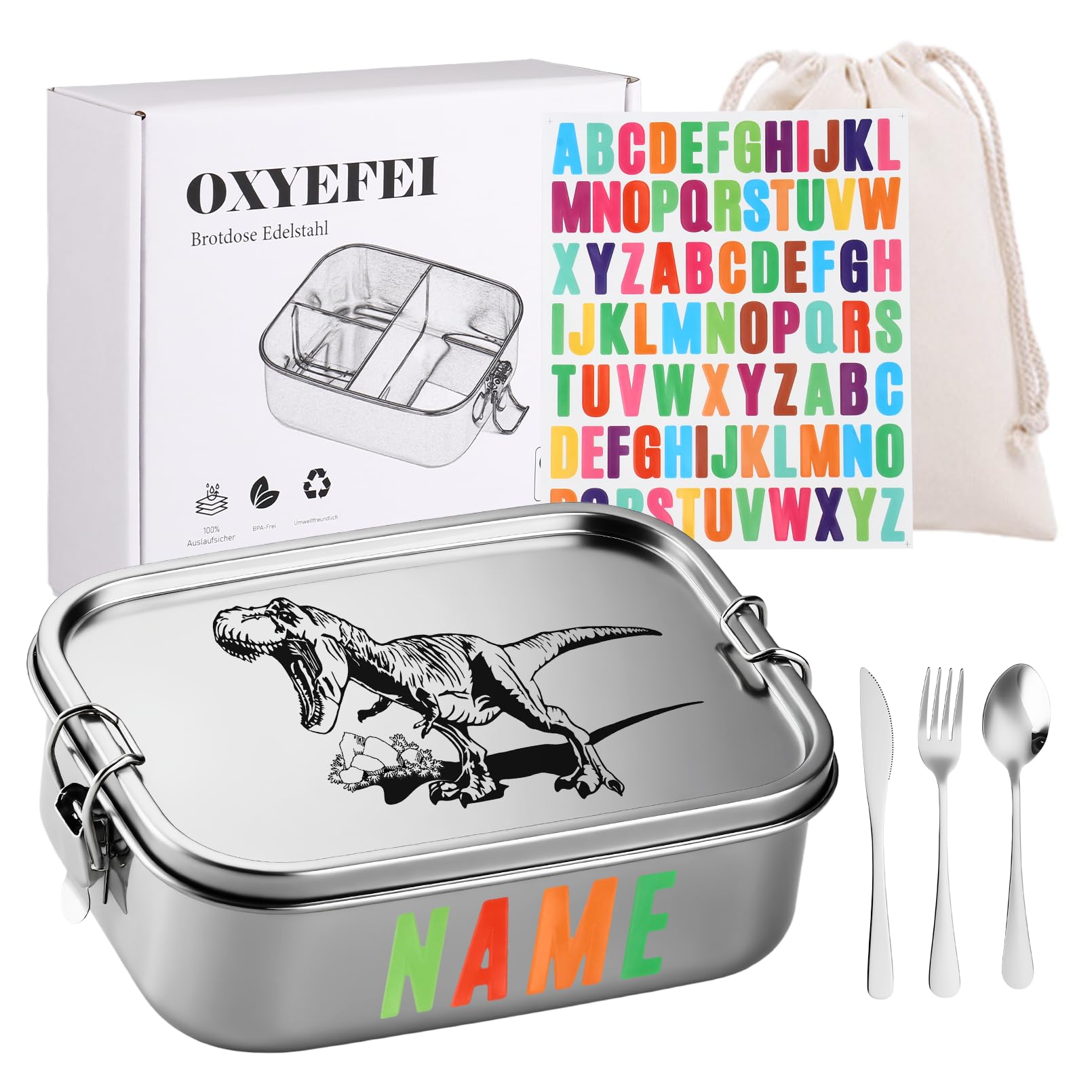 OXYEFEI Brotdose Kinder mit Fächern,Brotdose Edelstahl mit Gabel und Löffel Bunte Buchstabenaufkleber Individuell gestaltbare Namen Geschenk für Jungen und Mädchen (Dinosaurier, 1000ML)