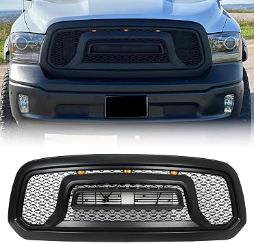 Front Grill Compatible With Dodge Ram 1500 2013-2018, Matte Black | Compaitble with 2019-2023 Ram 1500 Classic, Front Bumper Grille, With Accessories / Letters