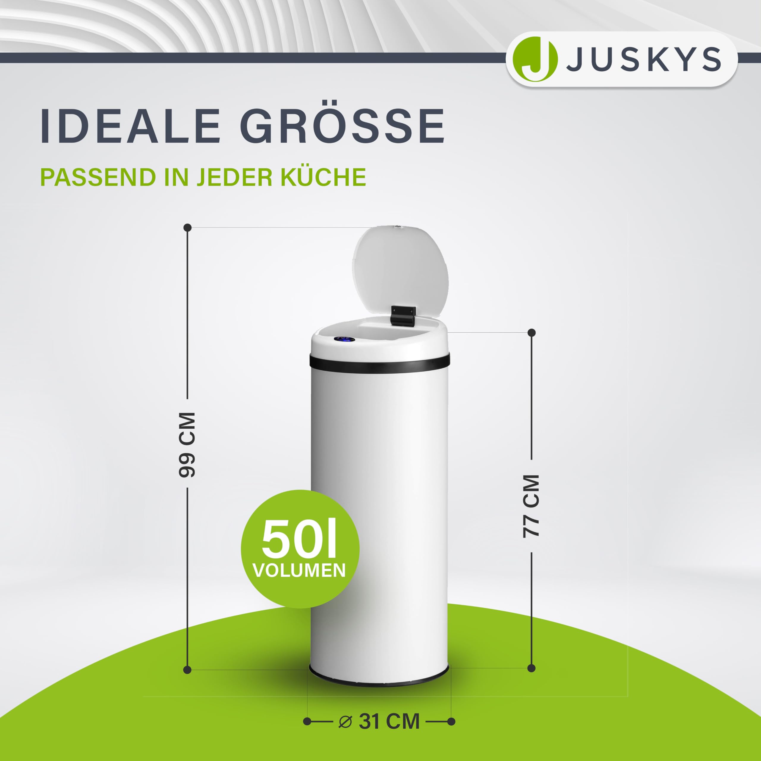 Juskys Garbage bin kitchen with motion sensor black 50 l - round waste bin for contactless removal with clamping ring for garbage bags - stainless steel