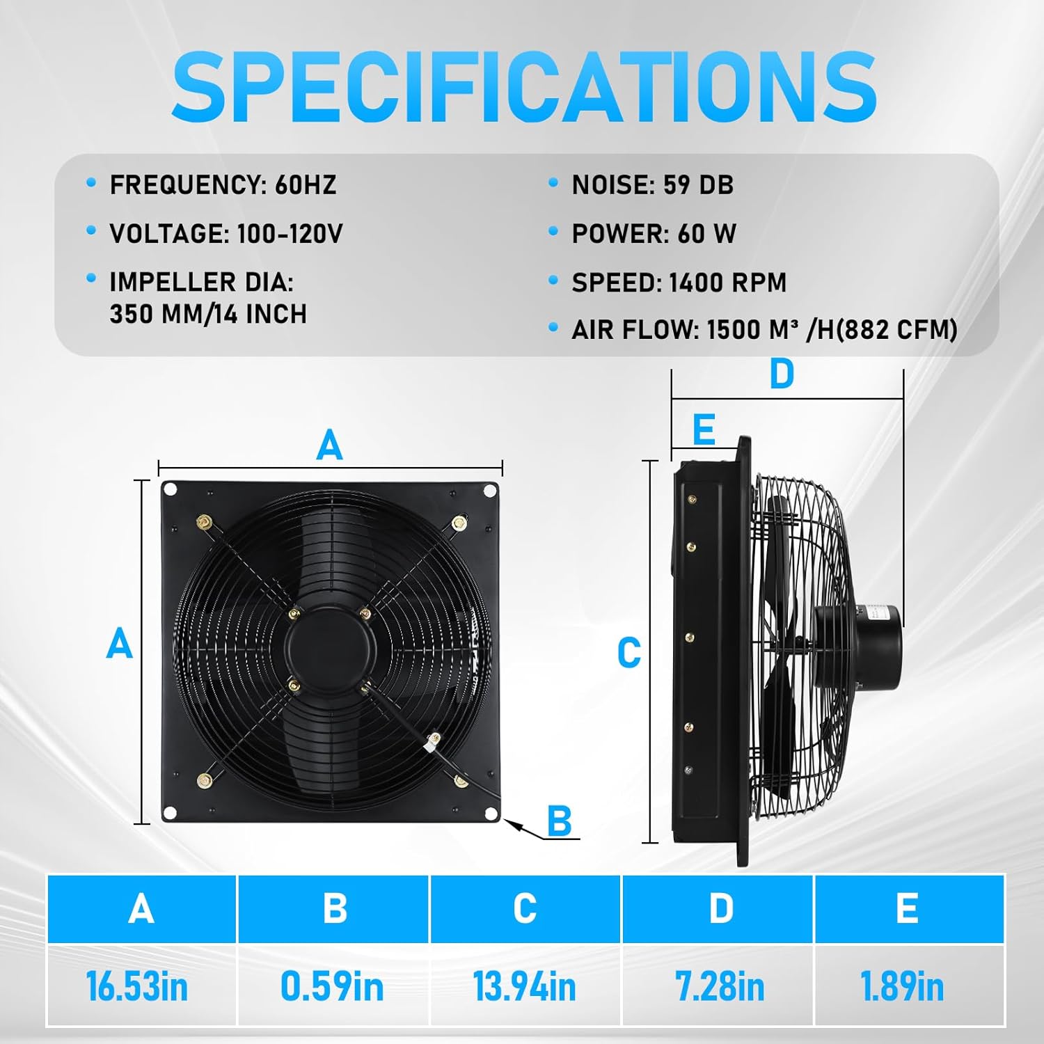 14 Inch Shutter Exhaust Fan with Automatic Louvers, 882 CFM 60W Heavy Duty 110-120V Wall Mounted Garage Ventilation Fan for Greenhouse, Attic, Barn, Workshop – Pure Copper Motor, All-Metal Louvered