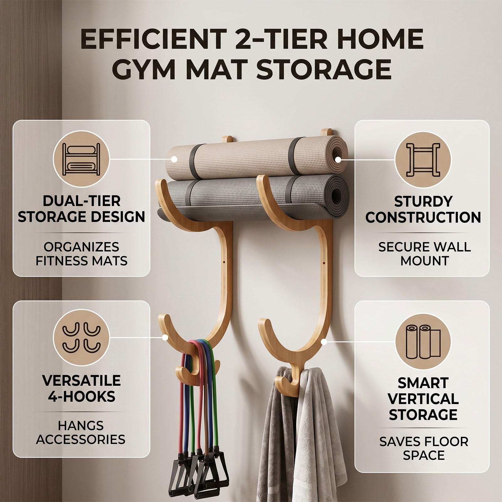 Porta Tappetino, 2 Set 4 Ganci Portaoggetti per Tappetino Montato a Parete Accessori per il Fitness Domestico