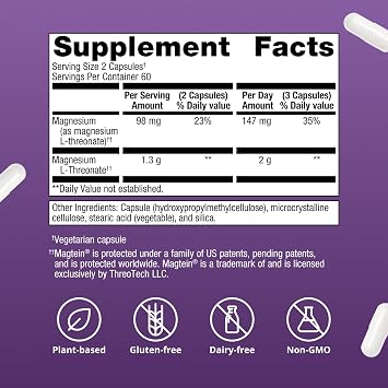 Metagenics Magnesium L-Threonate - Magtein Magnesium for Brain Health, Memory, Learning & Cognitive Support - Clinically Studied Bioavailable Form - Non-GMO, Gluten-Free, Vegan - 120 Capsules