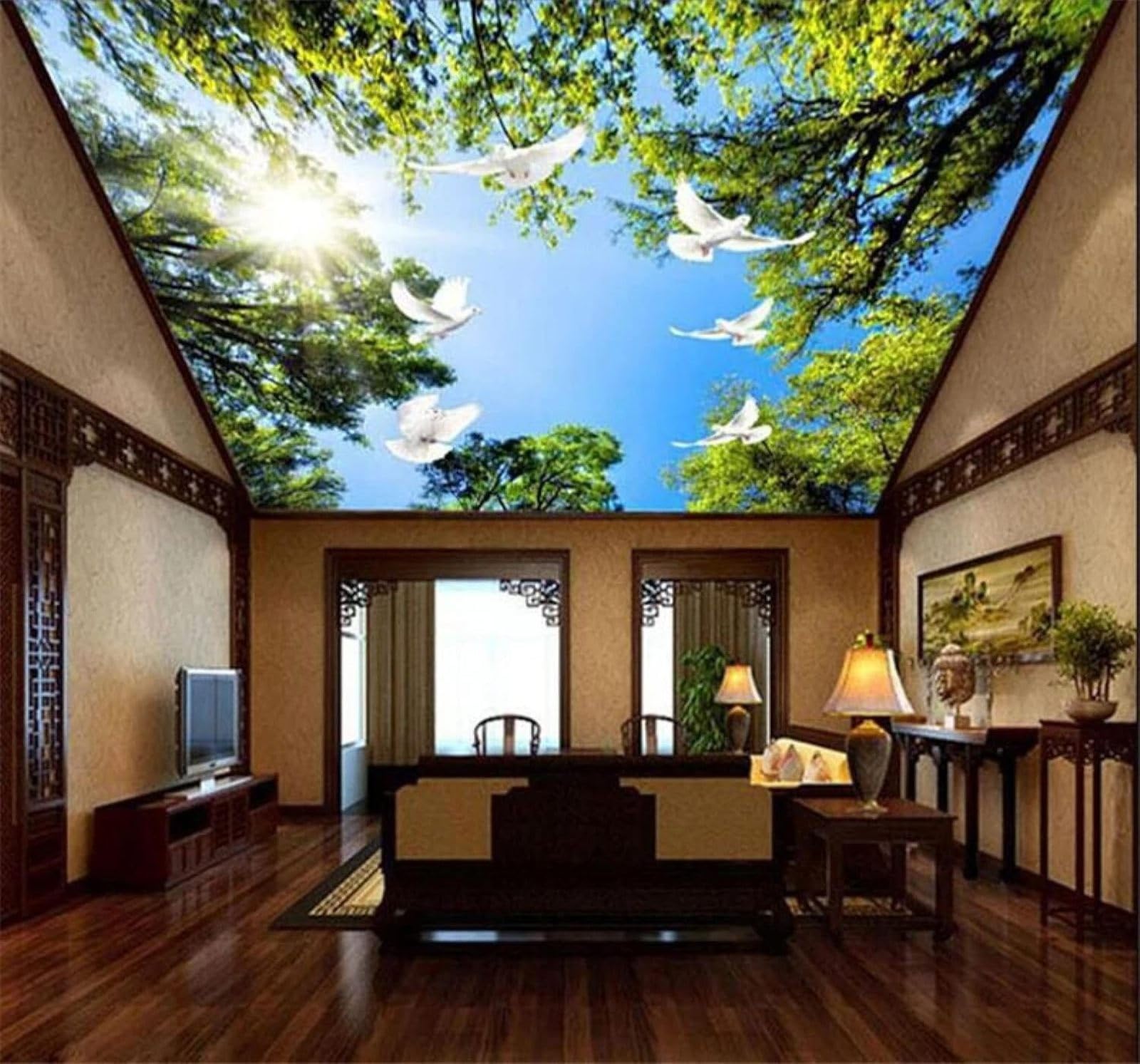 XLMING Blue Sky Green Trees Pigeons Sunshine Natural Scenery 3D Wallpaper Silky Texture Home Study Office Grey Dining Room Sofa Bedroom Living Room TV Backdrop-350cm×256cm