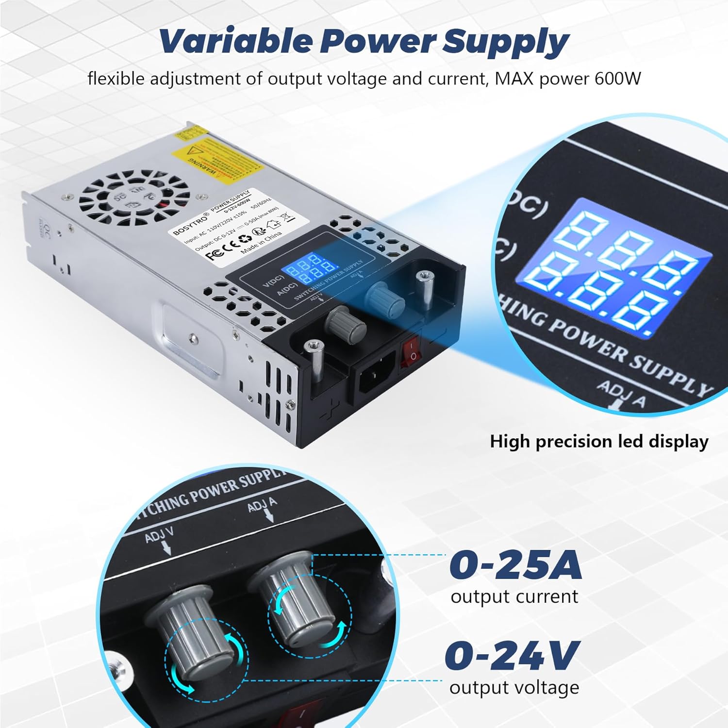 AC to DC Converter 110V-12V DC Power Supply Adjustable 0-24V 0-25A SMPS Max 600W Switching Power Supply for Led Strip, Motor Pump, CCTV, 3D Printer, Lab Computer