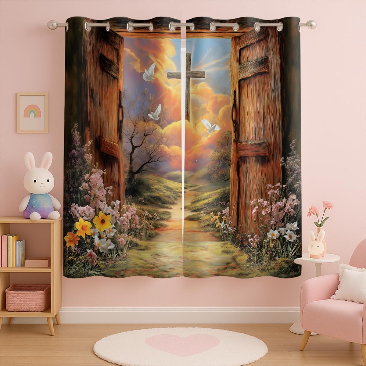 Jesus Cross Curtain, Door Sunset Sunrise Mountain Christ Easter, Grommet Curtains for Large Window or Church-Style Decor, 84 x 84 Inch, Thermal Insulated Darkening Drapes