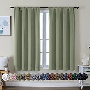 Simplebrand Ava Sage Green Short Blackout Curtains for Bedroom 45 Inches Long 2 Panels Set, Solid Thermal Insulated, Energy Saving Window Treatment Curtains Blackout Drapes, W40 x L45 Inch, Sage Green