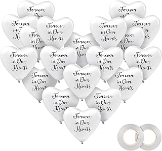 Sumind 60 Pieces Memorial Balloons Funeral Hearts Shape Remembrance Latex Balloons with 2 Rolls Ribbons for Funeral, Condolence, Anniversary, Memorial Decoration(White)