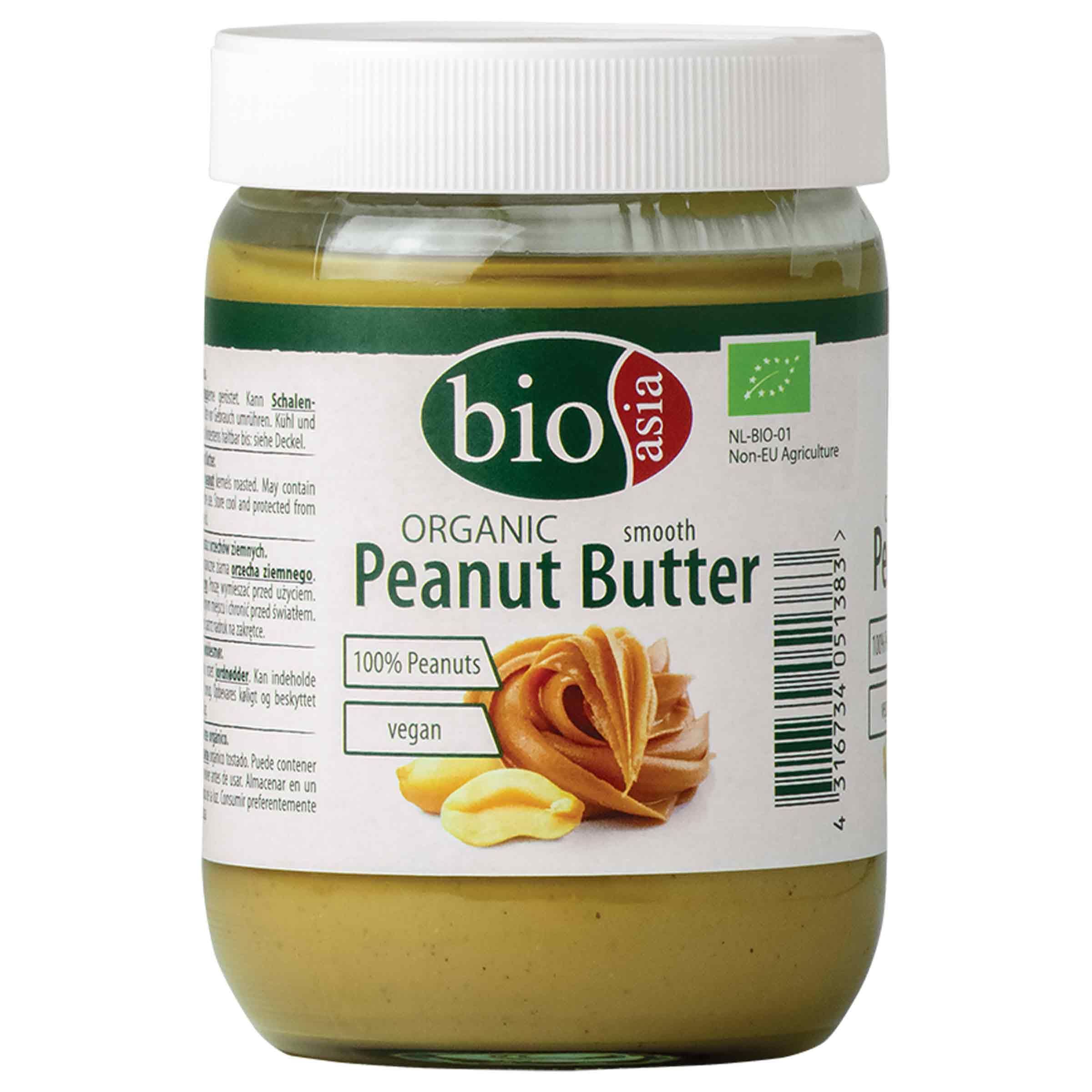 BIOASIA Crema de cacahuete ecológica – Peanut Butter – hecha con 100 % cacahuetes tostados, cremosa, sin aditivos, en tarro de cristal, vegana y sin gluten, 500 g - 1