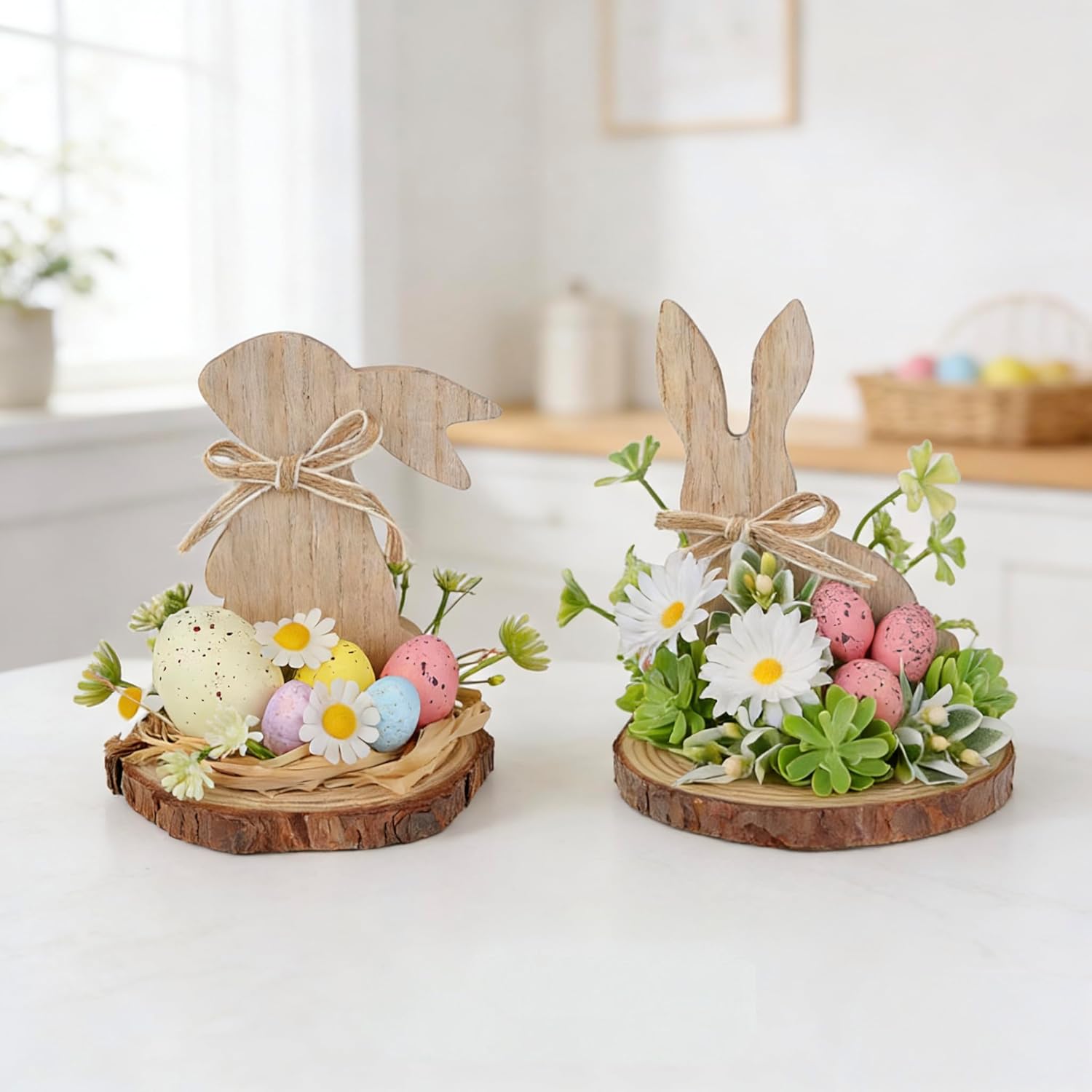 2 Pcs Easter Bunny Decor Wooden, Rustic Easter Decoration with Artificial Flowers and Eggs, Farmhouse Rabbit Shaped Table Centerpiece for Home Indoor Desk