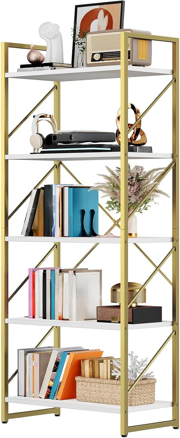 DWVO Gold Bookshelf, Modren 5 Tier Bookcase, Storage Shelves Organizer Standing Shelf, Display Rack Book Shelves for Bedroom,Living Room,Office,Kitchen, Gold