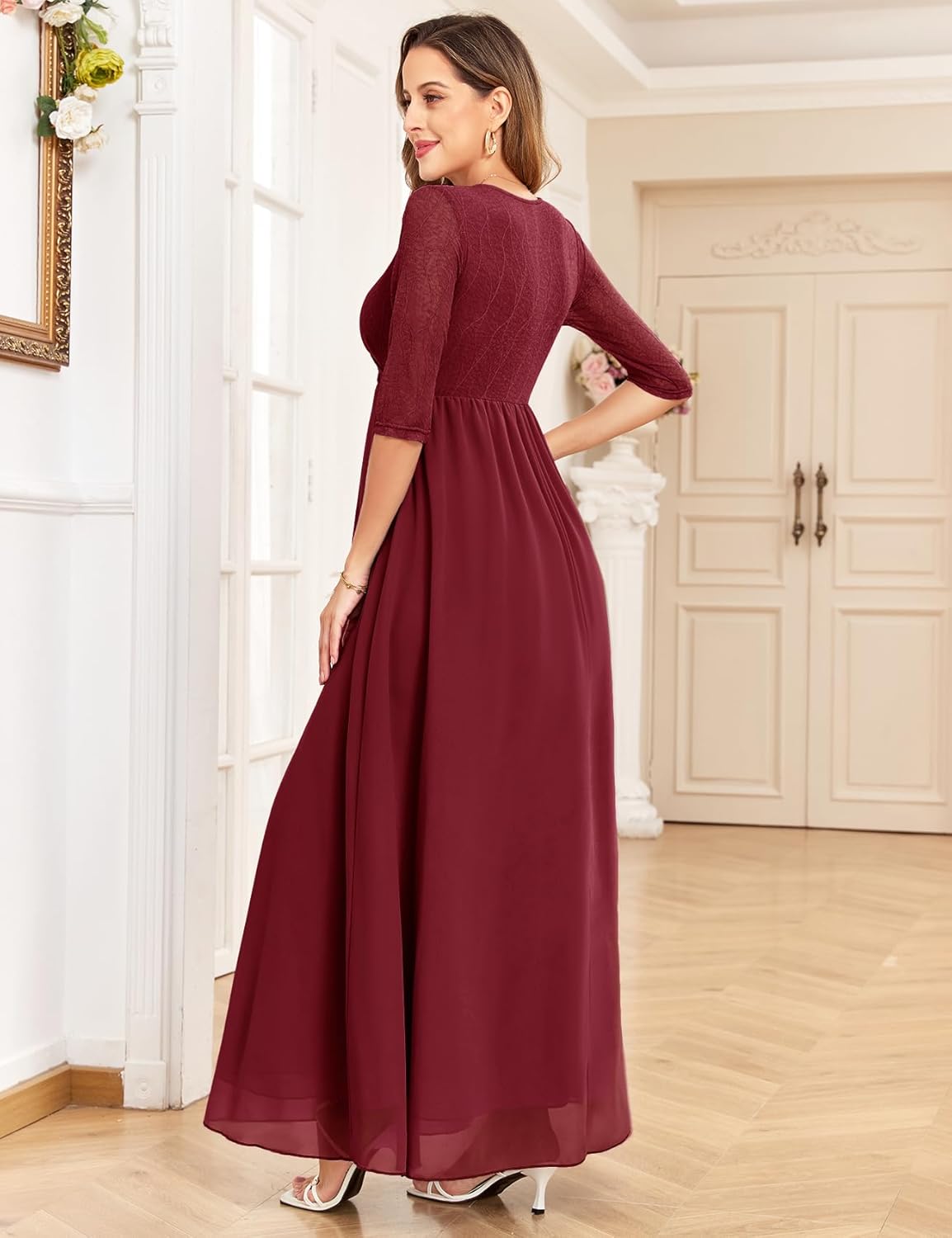 3/4 Sleeve Maternity Dress Leaf Lace Contrast Chiffon V Neck Wrap A Line Flowy Pregnancy Dresses for Baby Shower - Image 4