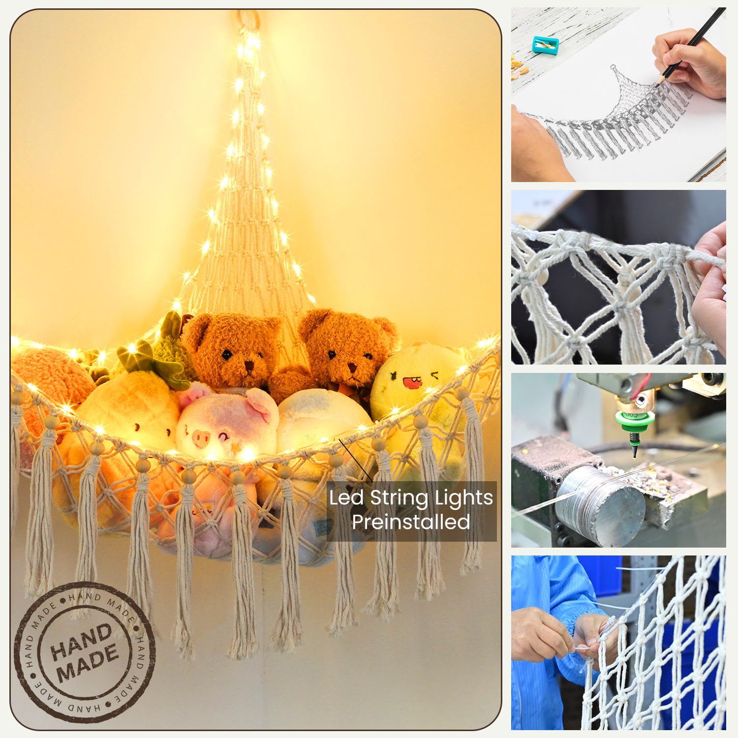 Hamaca de animales de peluche con 75 LED, hamaca de macramé de almacenamiento de juguetes extragrande de 55 pulgadas, red de juguetes colgante para dormitorio de niños, organizador de esquina de 5