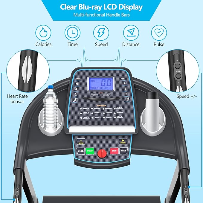 Caminadora Plegable con Inclinación Manual, Monitor de Ritmo Cardíaco y 12 Programas, Azul miniatura 2