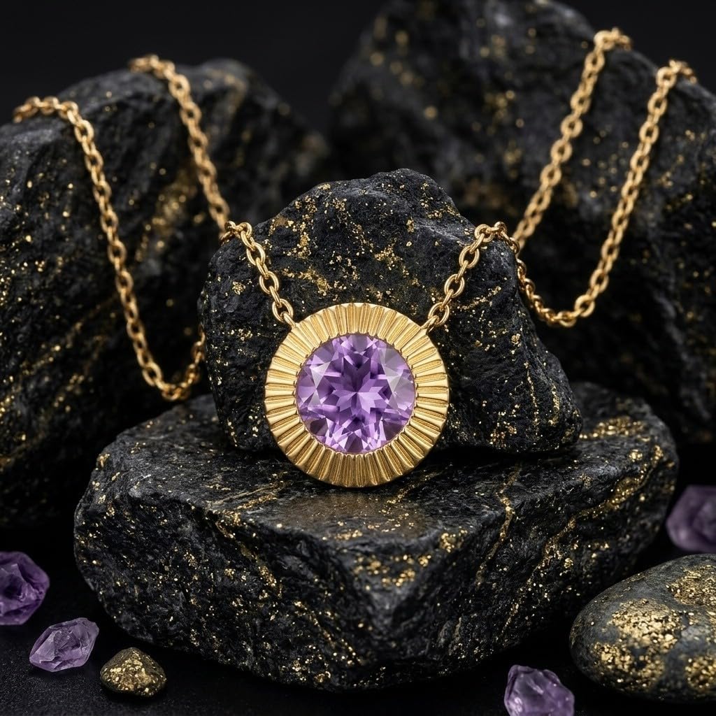 14K Gold Plated 1 Carat Round-Cut Solitaire Gemstone Necklace, 925 Sterling Silver Women's Birthstone Gemstone Pendant Necklace, 16+2inch Chain