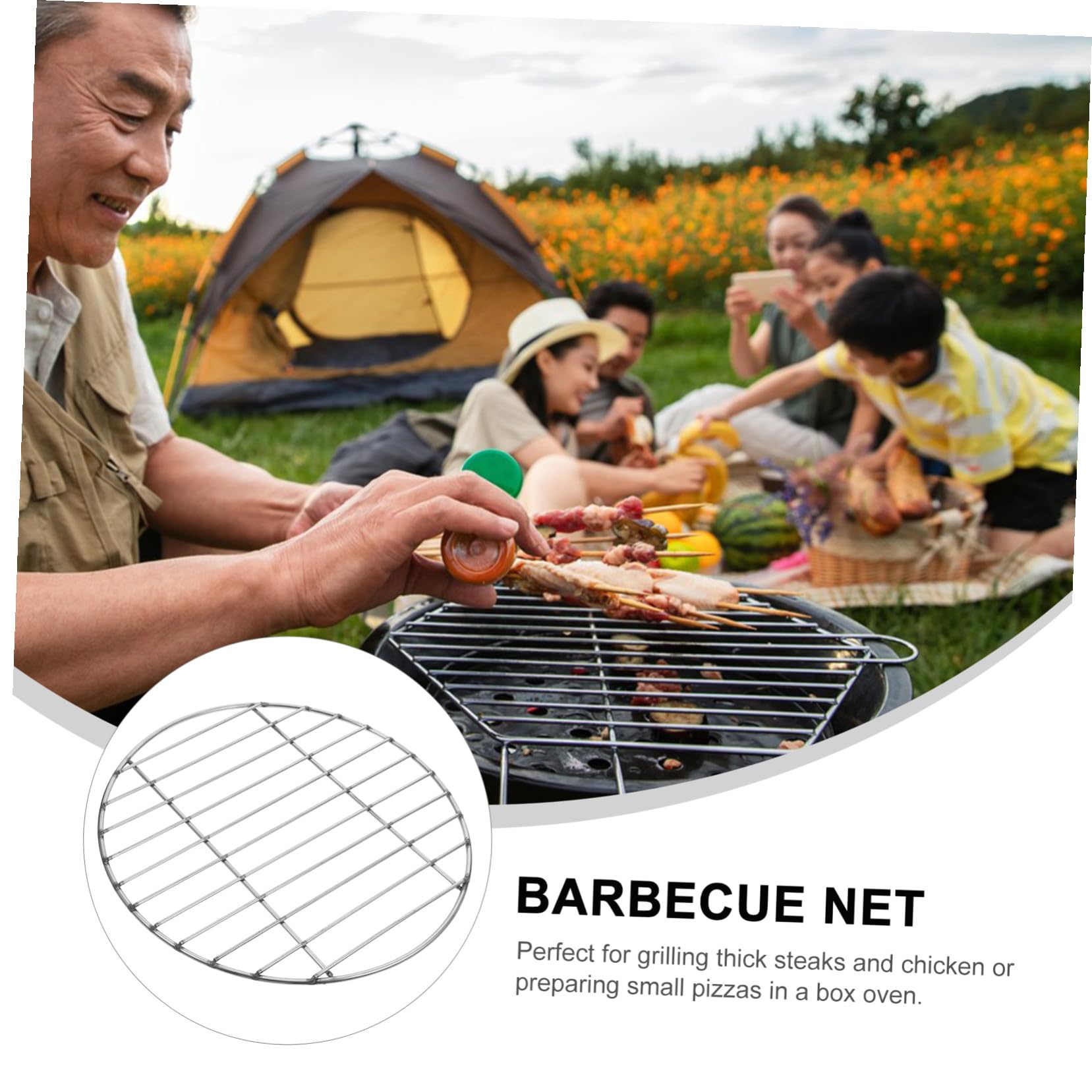 Griglia per barbecue in acciaio inox, rete metallica rotonda riutilizzabile per barbecue all'aperto, perfetta per cucinare anche carne, verdure, pesce e salsicce, strumento da campeggio multifunzione