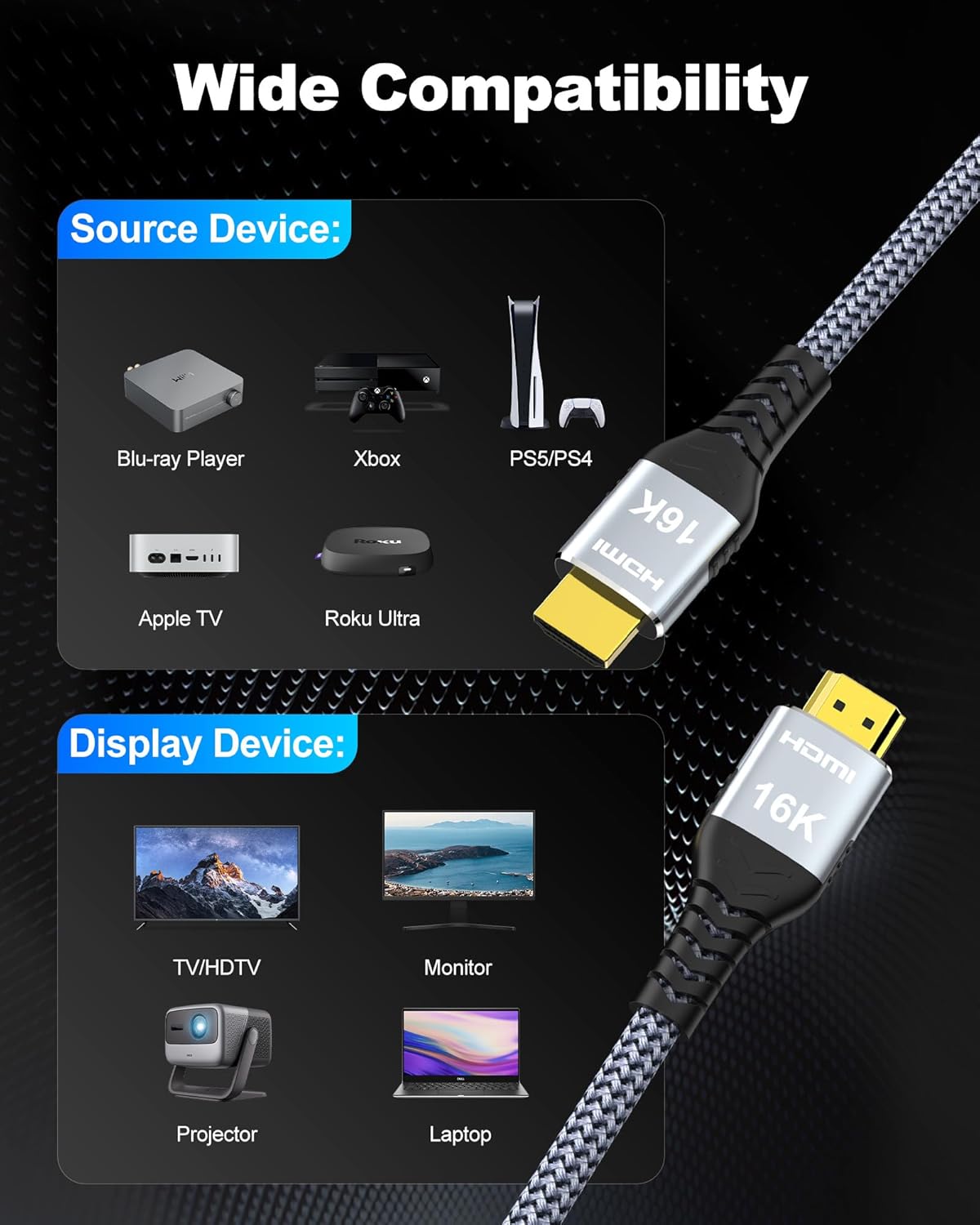 16K 10K 8K HDMI 2.2 Cable 6.6FT, 96Gbps Ultra High Speed 16@60Hz 8K@240Hz 4K@480Hz Braided HDMI Cord, HDCP 2.2 & 2.3, Dynamic HDR, eARC, Compatible with P5S HDTV PC Monitor Xbox Series - Image 7