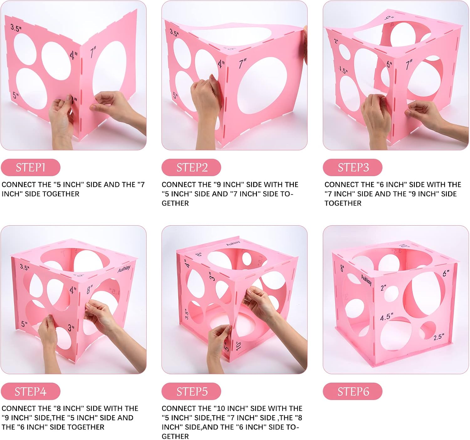Auihiay 12 Holes Plastic Balloon Sizer Box Cube, Pink Collapsible Balloon Size Measurement Tool for Balloon Arches, Balloon Towers, Balloon Columns and Balloon Decorations (2-10 Inch)