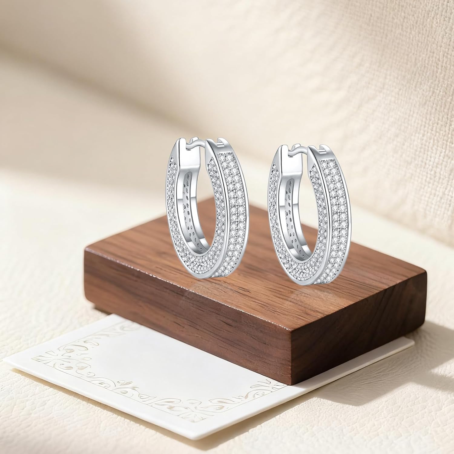 925 Sterling Silver Huggie Hoop Earrings, White Moissanite Inlaid Unisex Jewelry for Men & Women