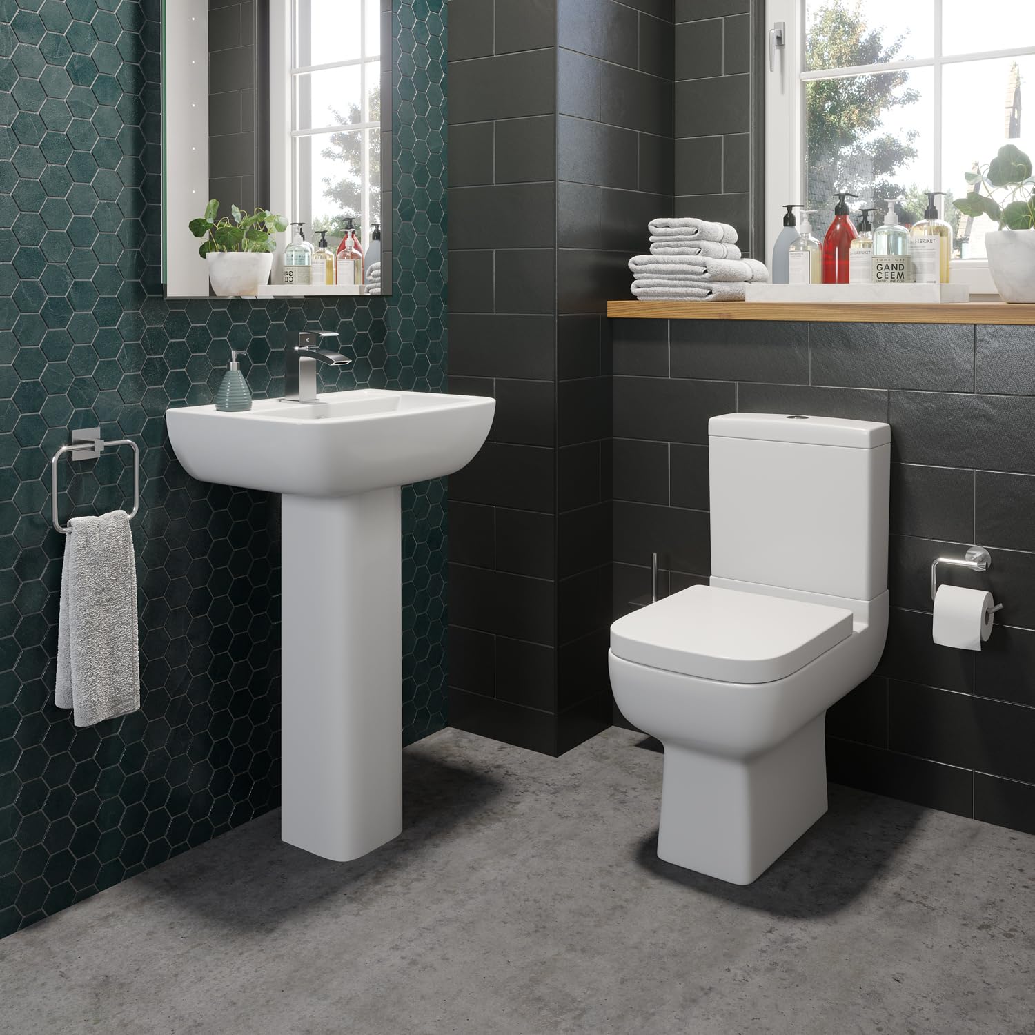 BAYSTONE® Amelie Cloakroom Bathroom Suite Close Coupled Toilet WC Dual Flush Cistern Basin Full Pedestal Soft Close Freestanding Modern White Gloss