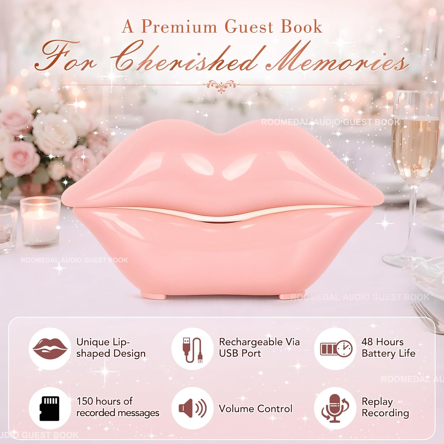 Audio Guest Book Phone for Weddings & Parties, Lip-Shaped Voicemail Recorder, Custom Message Recording, Adjustable Volume, Replay Function (Pink)