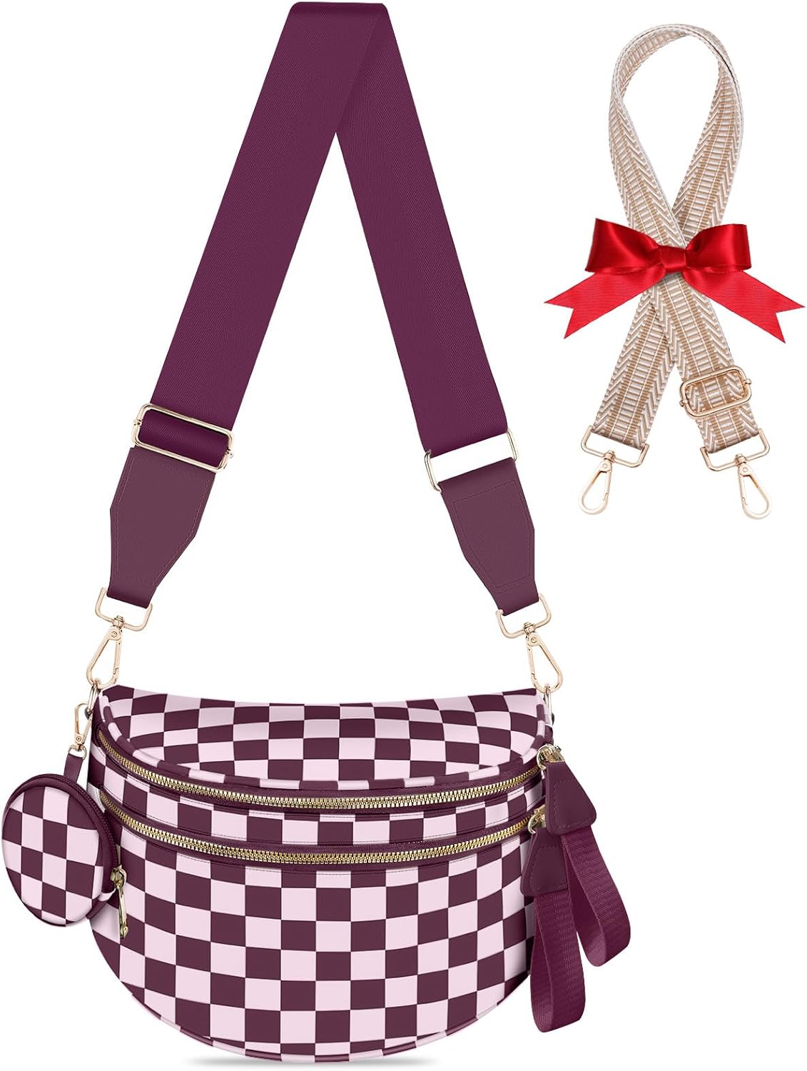 Bum Bags for Women Checkered Crossbody Bag Large Nylon Belt Purse Fanny Packs, Bonus with a Extra Strap