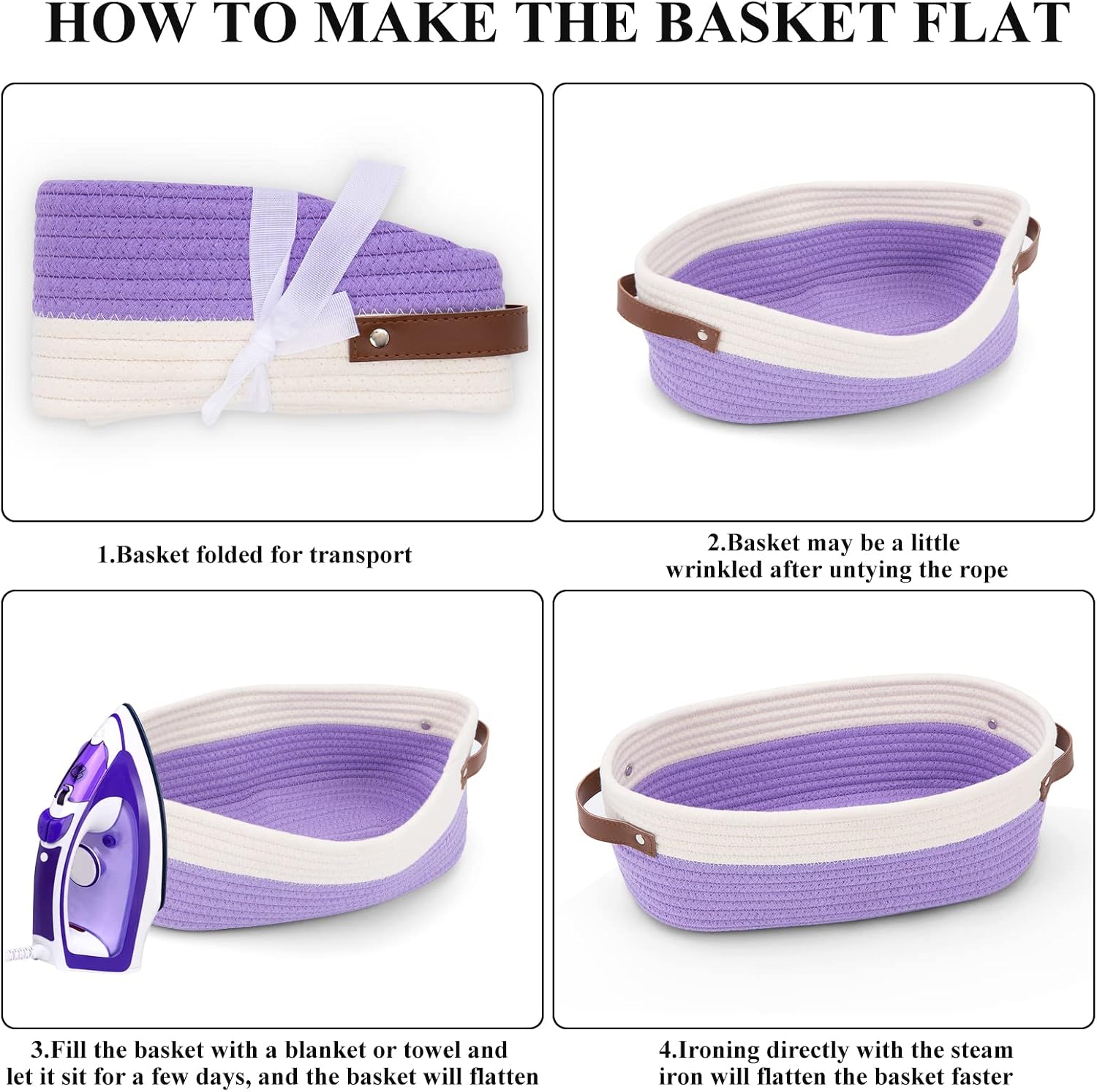 Bathroom Countertop Organizer Basket, Cotton Rope Woven Storage Basket Toilet Paper Decorative Basket for Bathroom, Bedroom, Living Room, Entryway 13"x6.3"x4.3" (Off White/Purple)