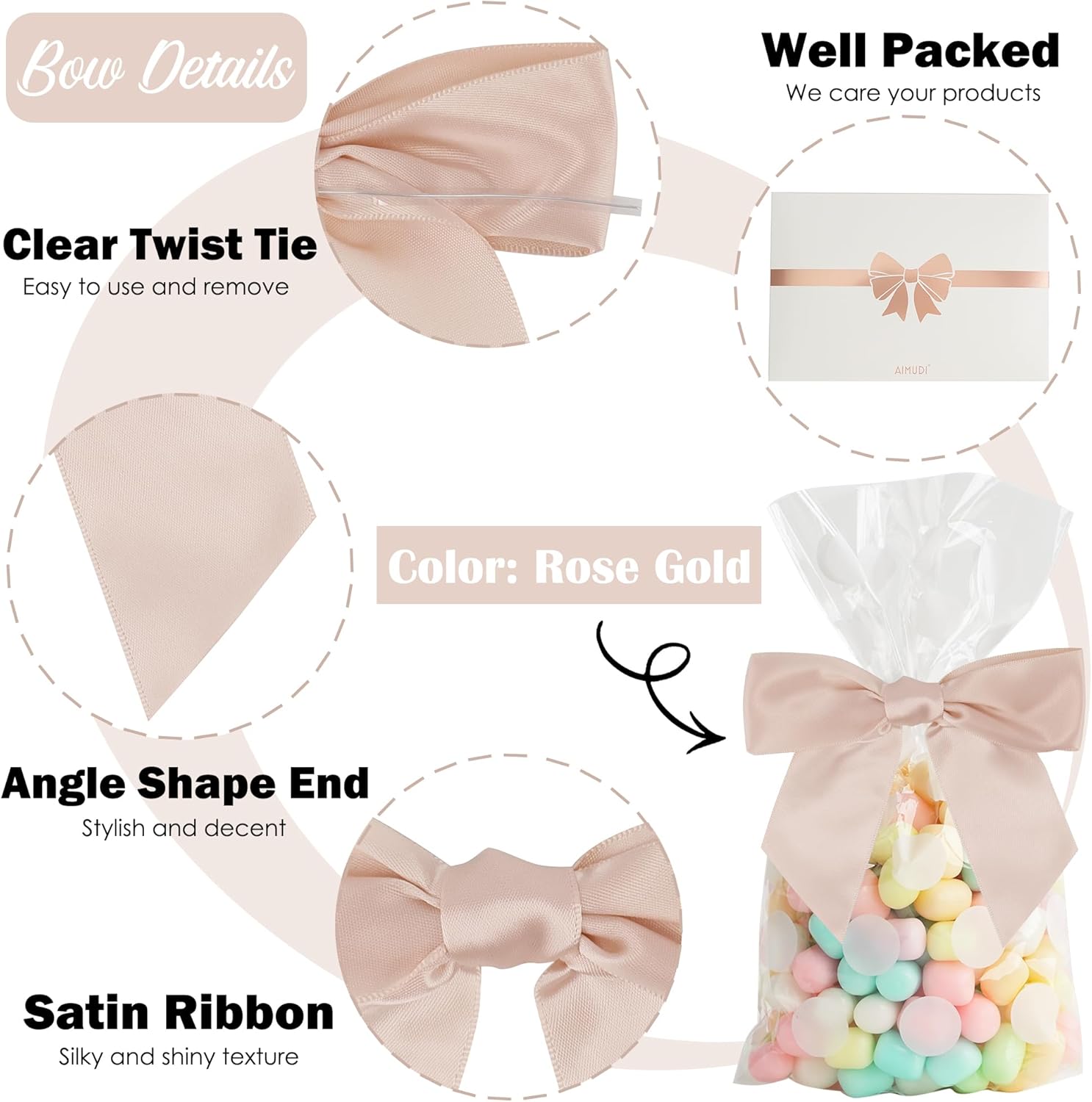 AIMUDI Rose Gold Satin Ribbon Bows 4.5" Pre-Tied Bows with Twist Tie for Gift Wrapping Boxes Treat Bags Cake Pops Baby Shower Wedding Party Favors, 36 PCs - Image 3