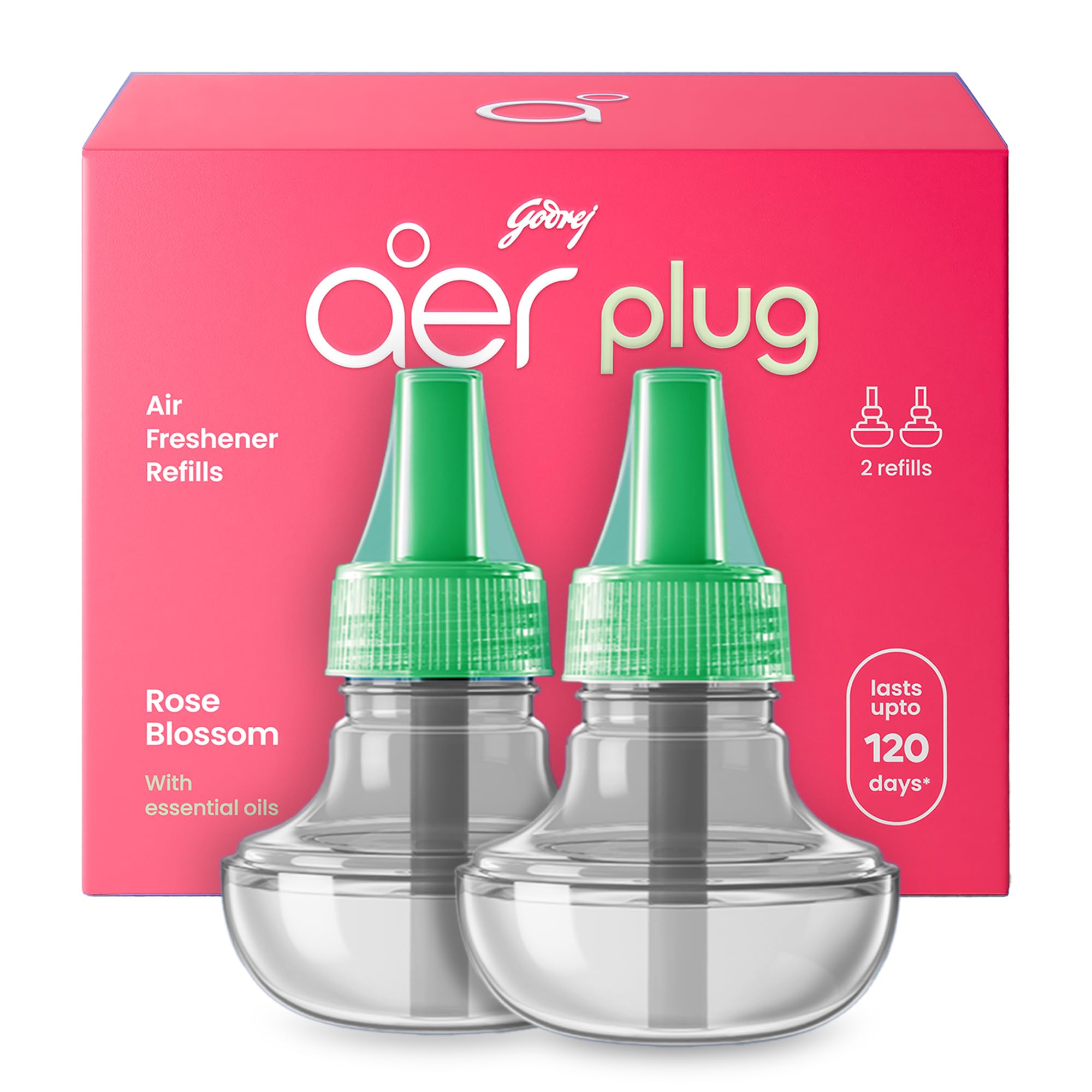 Godrej aer Plug Electric Air Freshener 2 Refills (20ml each) | Rose Blossom | Lasts up to 120 days