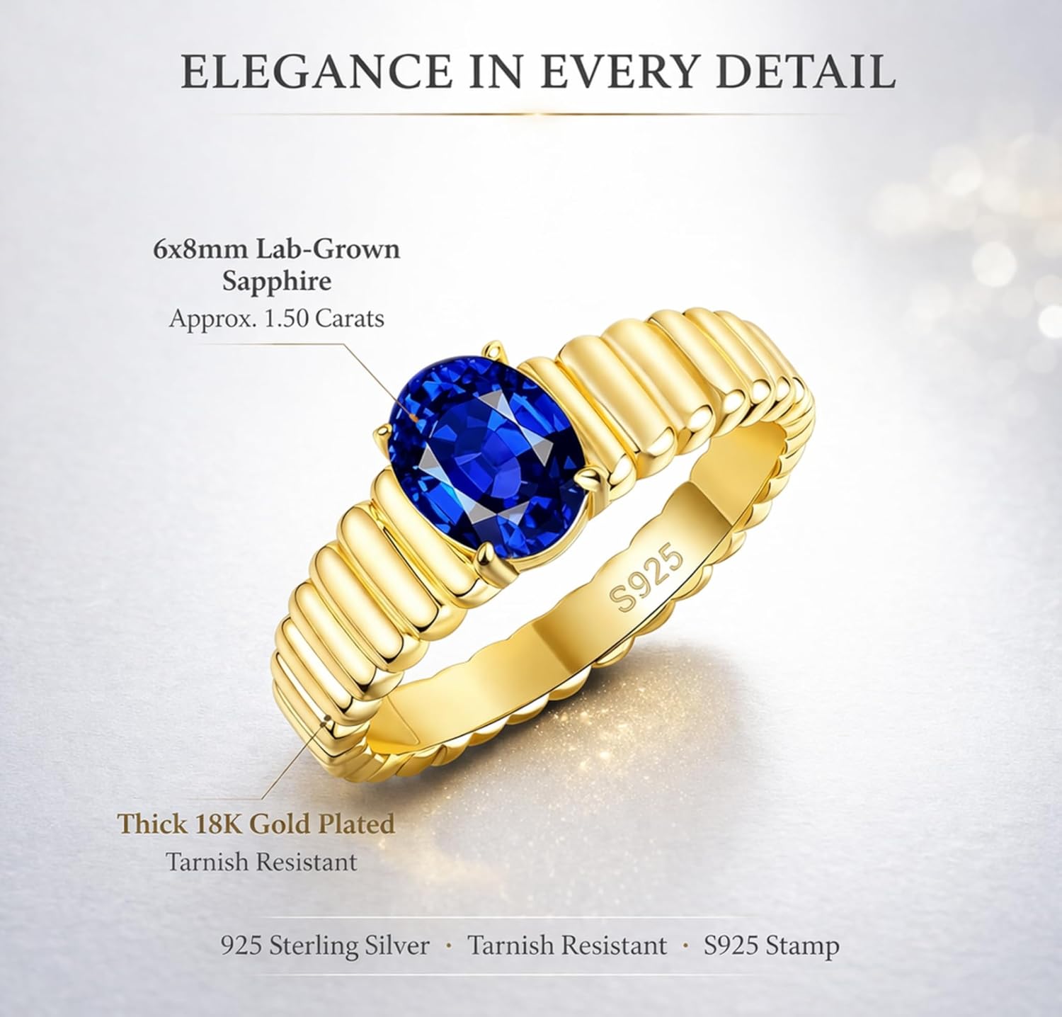 925 Sterling Silver Sapphire Engagement Ring for Women, 18K Gold Plated, 1.5ct Certified Lab-Grown Royal Blue Sapphire Promise Anniversary Birthday Ring for Her, Sizes 5–10