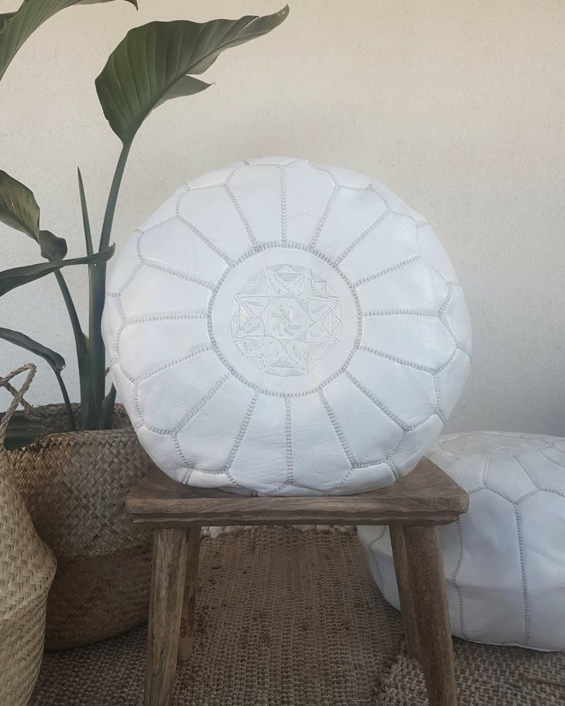 azul bereber white moroccan leather pouf handmade in morocco, ottoman, moroccan pillow, bohemian modern decoration, boho chic, vintage, bohemia, pouffe seat, pouf chair, bohemian decor, boho decor …