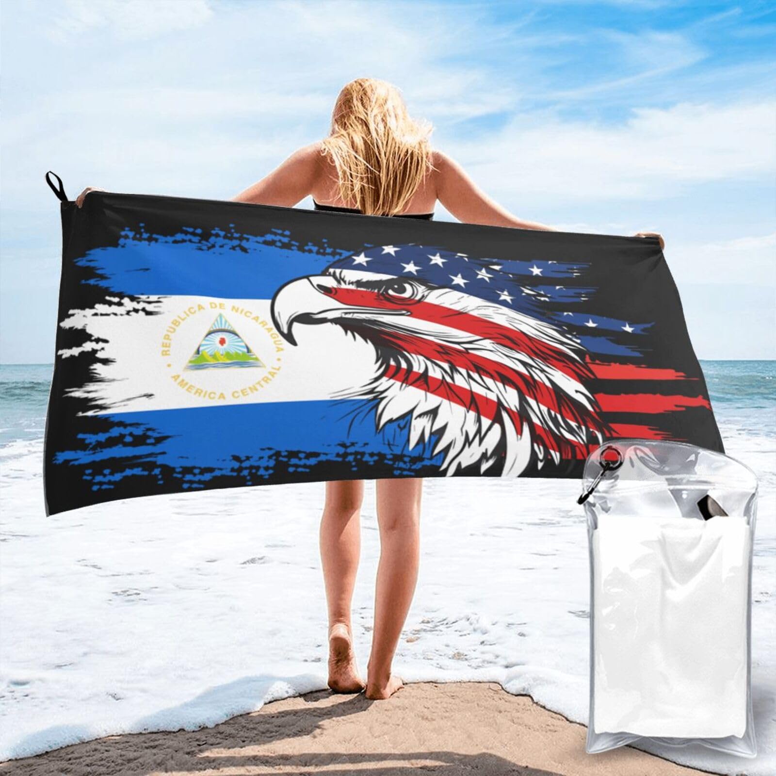 HACXZ America Flag and Nicaraguan Nicaragua Flag Microfiber Beach Towel Lightweight Absorbent Travel Pool for Men Women 27.5"X55"