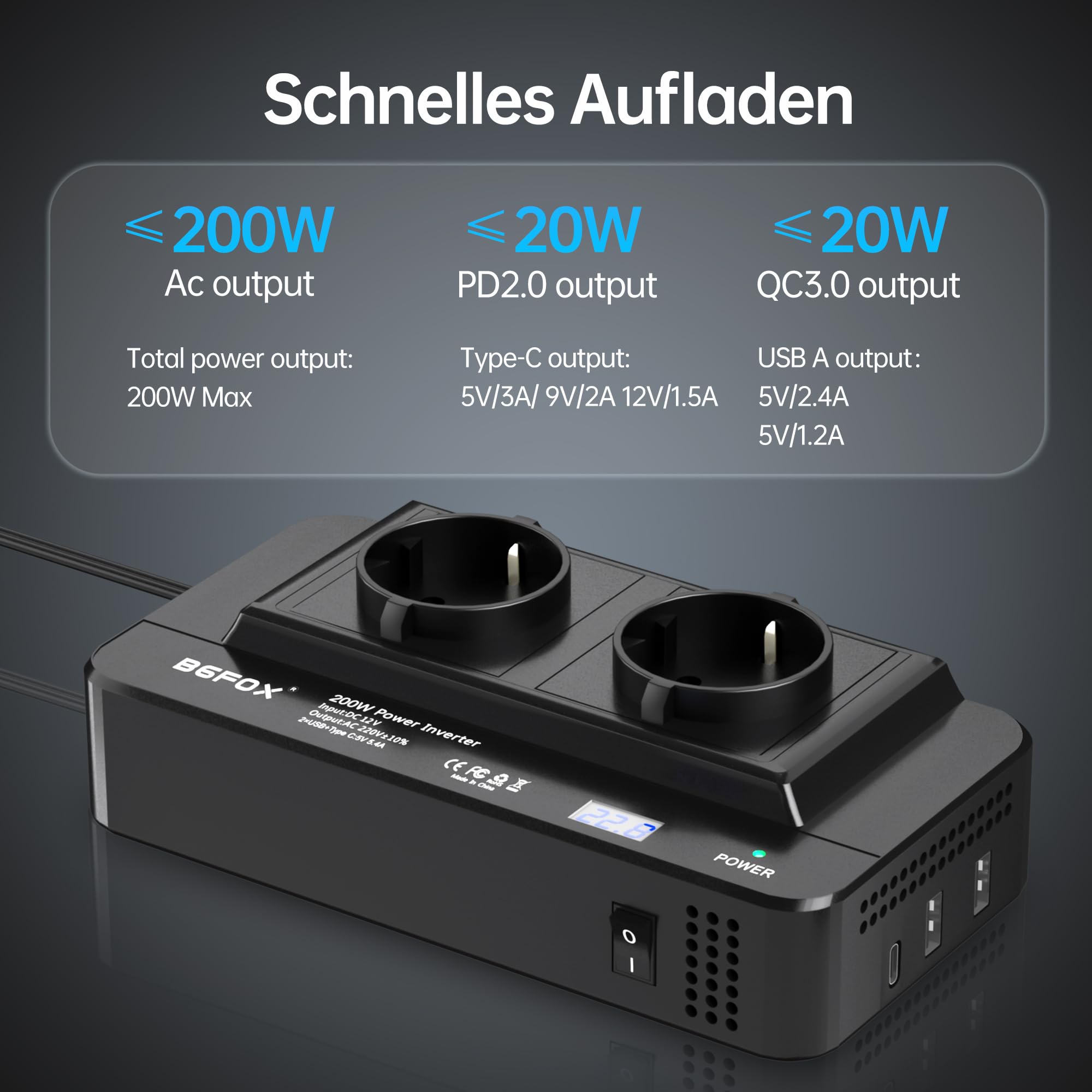 200W Wechselrichter 12V auf 230V Auto Spannungswandler, Stromwandler mit 2 Auto Steckdose/Type-C & 2 USB Anschlüsse und Zigarettenanzünder Verteiler für Handys, für Laptop, iPad, DashCam