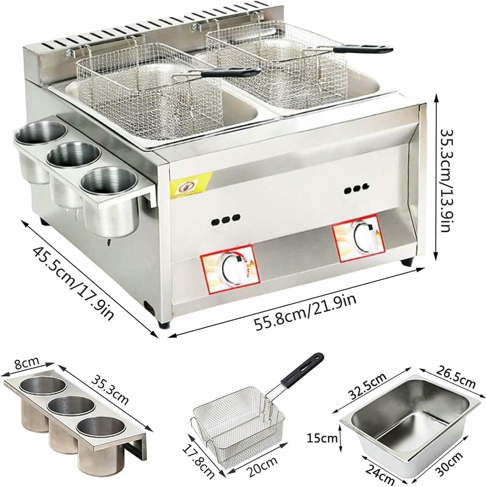 Friggitrice Professionale a Gas in Acciaio Inox con Doppio Serbatoio e Coperchio, capacità 2x10L, per Patatine Fritte, Snack di Carne