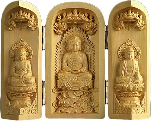 Caja de oración del santuario de Ghau, budismo tibetano tallado de madera de boj natural (Shakyamuni Amitabha Buddha)