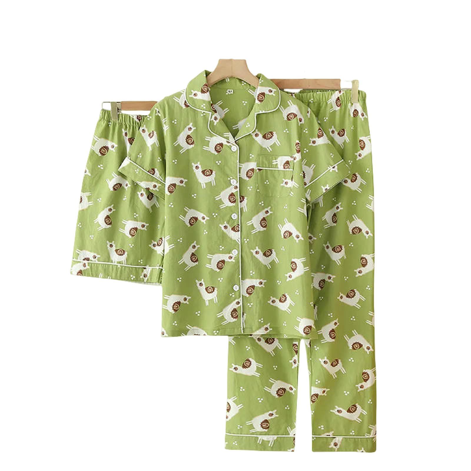 Pigiama Estivo in Cotone A Tre Pezzi per Donna Top Maniche Corte Pantaloncini Pantaloni Abito da Servizio Casa Allentato Carino-Verde-l